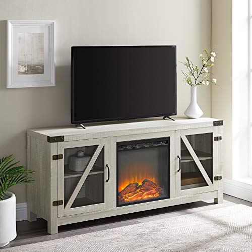 Walker Edison Farmhouse Barn Door Wood and Glass Fireplace TV Stand for TV's up to 64" Flat Screen Living Room Storage Cabinet Doors and Shelves Entertainment Center, 58 Inch, Stone Grey