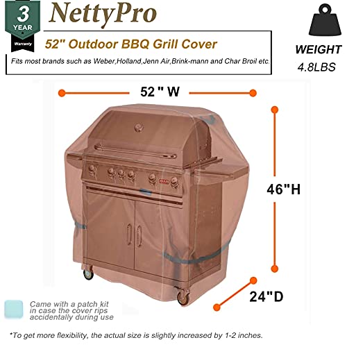 NettyPro Gas BBQ Grill Cover 52 Inch 2-3 Burner 600D Heavy Duty Waterproof Outdoor Barbecue Cover for Weber, Char-Broil, Brinkmann, Nexgrill Grills and More, Brown