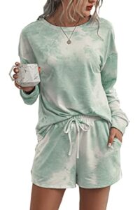 prettygarden women’s tie dye printed pajamas set long sleeve tops with shorts lounge set casual two-piece sleepwear green