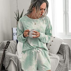 PRETTYGARDEN Women’s Tie Dye Printed Pajamas Set Long Sleeve Tops with Shorts Lounge Set Casual Two-Piece Sleepwear Green