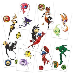 miraculous ladybug temporary tattoos | pack of 9 | ladybug - cat noir - rena rouge - queen bee - carapace - tikki - plagg & more | made in the usa | skin safe | party supplies & favors | removable