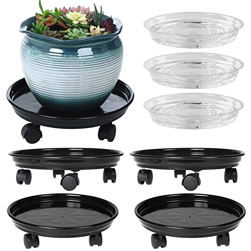 Circloophs 5 Packs Plastic Plant Caddy with Casters 12" Heavy-Duty Plant Dolly Rolling Plant Stand with Wheels for Moving Heavy and Large Plant Pot Saucers Plant Rollers Indoor and Outdoor, Black