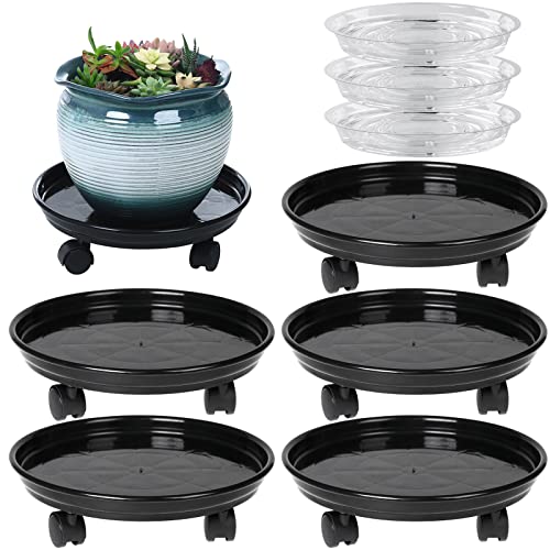 Circloophs 5 Packs Plastic Plant Caddy with Casters 12" Heavy-Duty Plant Dolly Rolling Plant Stand with Wheels for Moving Heavy and Large Plant Pot Saucers Plant Rollers Indoor and Outdoor, Black