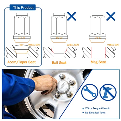 GAsupply Black Lug Nuts, 1/2-20 Closed End Bulge Acorn Lug Nuts 3/4 inch 19mm Hex 1.38 inch Tall 60 Degree Conical Seat