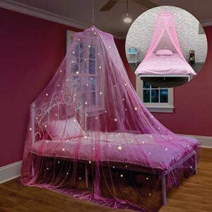 bollepo pink bed canopy for girls with glowing stars - princess crib netting room decor, ceiling tent to cover toddler crib | single, twin, full, queen size kids bed curtains, fire retardant fabric