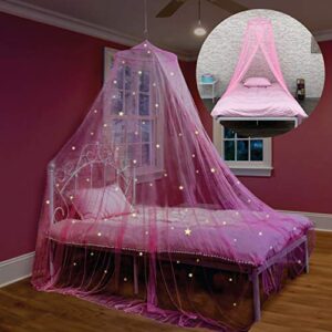 Bollepo Pink Bed Canopy for Girls with Glowing Stars - Princess Crib Netting Room Decor, Ceiling Tent to Cover Toddler Crib | Single, Twin, Full, Queen Size Kids Bed Curtains, Fire Retardant Fabric