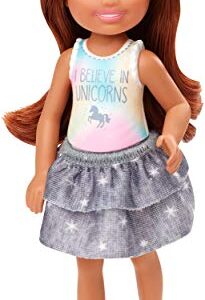 Barbie Club Chelsea Doll (6-inch Brunette) Wearing Unicorn-Themed Graphic and Star Skirt, for 3 to 7 Year Olds