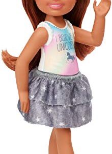 Barbie Club Chelsea Doll (6-inch Brunette) Wearing Unicorn-Themed Graphic and Star Skirt, for 3 to 7 Year Olds