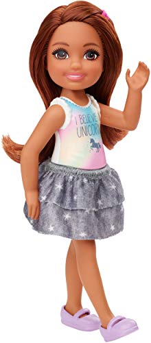 Barbie Club Chelsea Doll (6-inch Brunette) Wearing Unicorn-Themed Graphic and Star Skirt, for 3 to 7 Year Olds