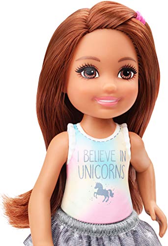 Barbie Club Chelsea Doll (6-inch Brunette) Wearing Unicorn-Themed Graphic and Star Skirt, for 3 to 7 Year Olds