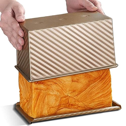 Cayanmydery Pullman Loaf Pan with Lid, Non-Stick Bakeware Carbon Steel Bread Toast Box Mold with Cover for Baking Bread, 1 lb Dough Capacity, Golden Corrugated Bread Box