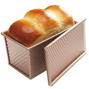 Cayanmydery Pullman Loaf Pan with Lid, Non-Stick Bakeware Carbon Steel Bread Toast Box Mold with Cover for Baking Bread, 1 lb Dough Capacity, Golden Corrugated Bread Box