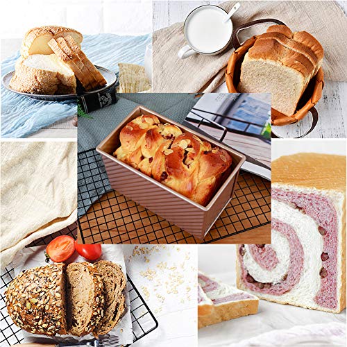 Cayanmydery Pullman Loaf Pan with Lid, Non-Stick Bakeware Carbon Steel Bread Toast Box Mold with Cover for Baking Bread, 1 lb Dough Capacity, Golden Corrugated Bread Box