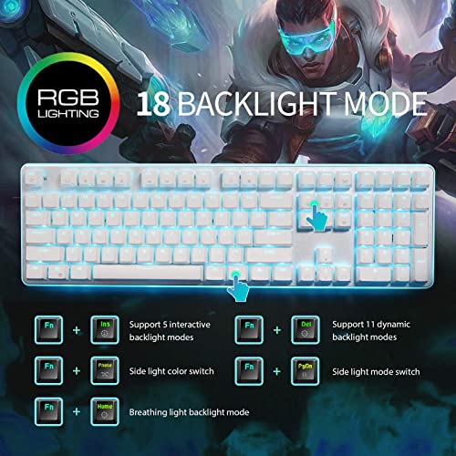 RK ROYAL KLUDGE RK918 Wired Mechanical Keyboard, RGB Backlit Gaming Keyboard with Large LED Sorrounding Side Lamp, Full Size 108 Key Mechanical 100% Anti-Ghosting Computer Keyboard, Brown Switch White