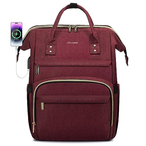 LOVEVOOK Laptop Backpack for Women,15.6 Inch Professional Womens Travel Backpack Purse Computer Laptop Bag Nurse Teacher Backpack,Waterproof College Work Bags Carry on Back Pack with USB Port,Wine Red