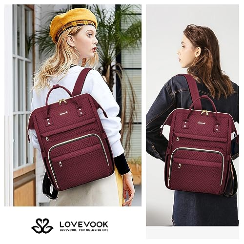 LOVEVOOK Laptop Backpack for Women,15.6 Inch Professional Womens Travel Backpack Purse Computer Laptop Bag Nurse Teacher Backpack,Waterproof College Work Bags Carry on Back Pack with USB Port,Wine Red