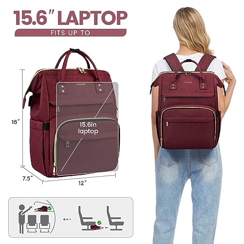 LOVEVOOK Laptop Backpack for Women,15.6 Inch Professional Womens Travel Backpack Purse Computer Laptop Bag Nurse Teacher Backpack,Waterproof College Work Bags Carry on Back Pack with USB Port,Wine Red