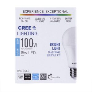 Cree Lighting A19 100W Equivalent LED Bulb, 1600 lumens, Dimmable, Daylight 5000K, 25,000 Hour Rated Life, 90+ CRI | 1-Pack, White - TA19-16050MDFH25-12DE26-1-11