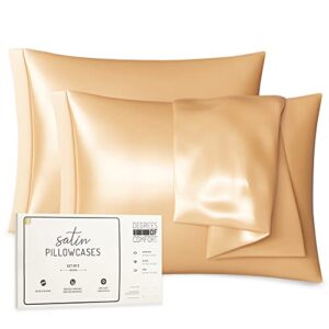 gold satin pillow cases queen set of 2 | luxury silk pillowcase for hair and skin | 20 x 30 inch–slip silky comfort with envelope closure