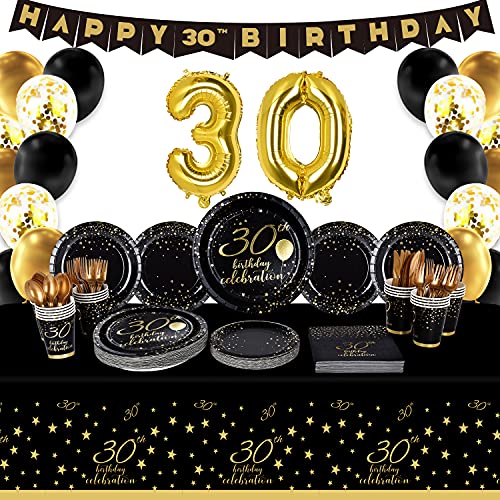 Gatherfun 30th Birthday Party Supplies Disposable Paper Plates Napkins Cups Knives Spoons Forks Tablecloth Banner Number 30 Balloons for Men Woman Black and Gold 30 Birthday Party Decorations Serve 25