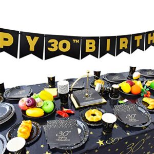 Gatherfun 30th Birthday Party Supplies Disposable Paper Plates Napkins Cups Knives Spoons Forks Tablecloth Banner Number 30 Balloons for Men Woman Black and Gold 30 Birthday Party Decorations Serve 25