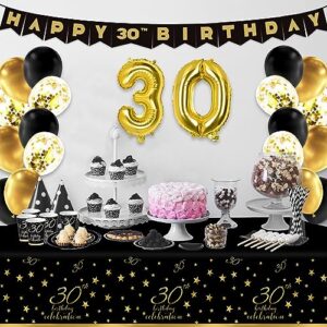 Gatherfun 30th Birthday Party Supplies Disposable Paper Plates Napkins Cups Knives Spoons Forks Tablecloth Banner Number 30 Balloons for Men Woman Black and Gold 30 Birthday Party Decorations Serve 25