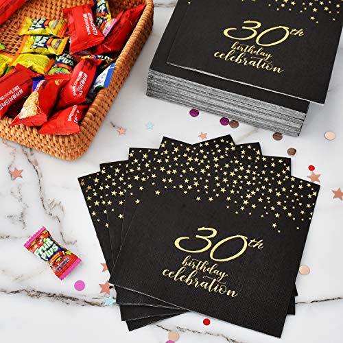 Gatherfun 30th Birthday Party Supplies Disposable Paper Plates Napkins Cups Knives Spoons Forks Tablecloth Banner Number 30 Balloons for Men Woman Black and Gold 30 Birthday Party Decorations Serve 25