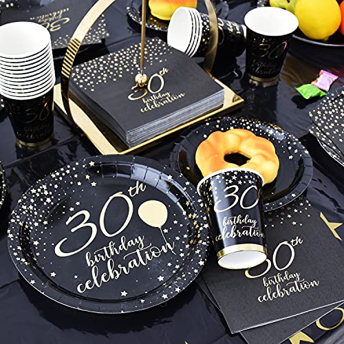 Gatherfun 30th Birthday Party Supplies Disposable Paper Plates Napkins Cups Knives Spoons Forks Tablecloth Banner Number 30 Balloons for Men Woman Black and Gold 30 Birthday Party Decorations Serve 25