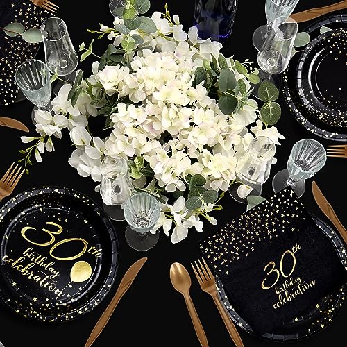 Gatherfun 30th Birthday Party Supplies Disposable Paper Plates Napkins Cups Knives Spoons Forks Tablecloth Banner Number 30 Balloons for Men Woman Black and Gold 30 Birthday Party Decorations Serve 25