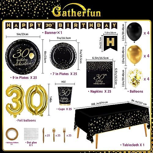 Gatherfun 30th Birthday Party Supplies Disposable Paper Plates Napkins Cups Knives Spoons Forks Tablecloth Banner Number 30 Balloons for Men Woman Black and Gold 30 Birthday Party Decorations Serve 25