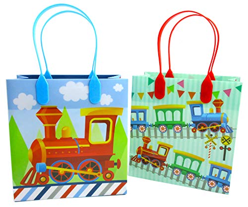 TINYMILLS Train Party Favor Bags Treat Bags Kids Birthday Party Goody Bags with Handles for Boys Girls, 12 Pack Chugga Chugga Two Two Party