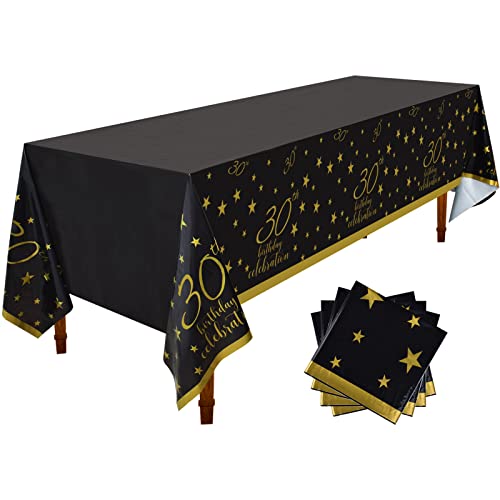 Gatherfun 30th Birthday Disposable Tablecloth 4 Pack Gold and Black Waterproof Plastic Table Cover for Men Woman 30 Birthday Party Decorations