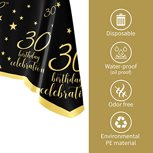 Gatherfun 30th Birthday Disposable Tablecloth 4 Pack Gold and Black Waterproof Plastic Table Cover for Men Woman 30 Birthday Party Decorations