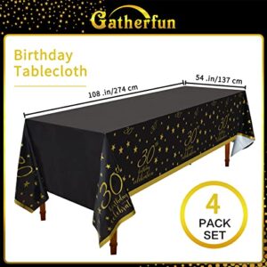 Gatherfun 30th Birthday Disposable Tablecloth 4 Pack Gold and Black Waterproof Plastic Table Cover for Men Woman 30 Birthday Party Decorations