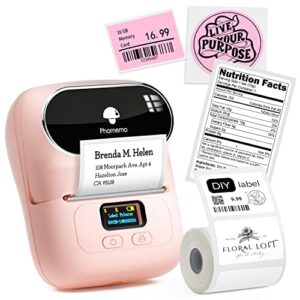 phomemo label printer - m110 thermal label printer, upgraded bluetooth portable label maker for product, address, small business, sticker, home, diy for phone/tablet/pc/mac, with 100 labels, baby pink
