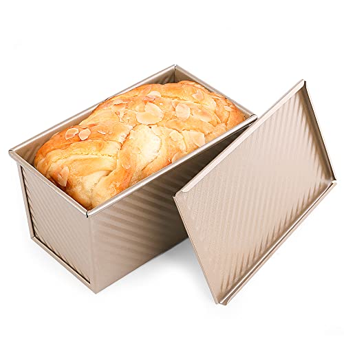 AMAGABELI GARDEN & HOME Pullman Loaf Pan with Lid Nonstick Bakeware Bread Boxes 8.4”x4.5”x4.1” Carbon Steel Corrugated Bread Toast Box Mold for Cooking Oven Baking Roasting Toaster Bake Mold Golden