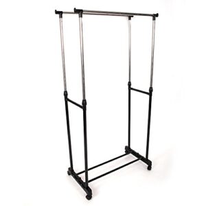 guangshuohui clothes garment rack, double rod closet double rail clothing rolling rack on wheels and bottom shelves, black & silver (b)