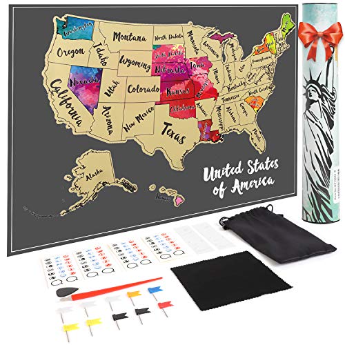 JARLINK Scratch Off USA Map Poster, 12x17 inches United States Map with Unique Accessories Set, Personalized Travel Poster, Gift for Travelers