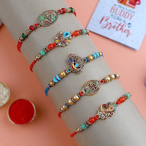 SATVIK 5 Pc Rakhi for Brother Bhaiya Bhabhi Traditional Handmade Assorted Designer Rakhi Set Roli Chawal, Greeting Card & Soun Stickers Rakhi Thread Rakhdi Bracelets Rakshabandhan