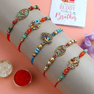 SATVIK 5 Pc Rakhi for Brother Bhaiya Bhabhi Traditional Handmade Assorted Designer Rakhi Set Roli Chawal, Greeting Card & Soun Stickers Rakhi Thread Rakhdi Bracelets Rakshabandhan