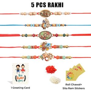 SATVIK 5 Pc Rakhi for Brother Bhaiya Bhabhi Traditional Handmade Assorted Designer Rakhi Set Roli Chawal, Greeting Card & Soun Stickers Rakhi Thread Rakhdi Bracelets Rakshabandhan