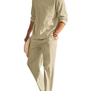 COOFANDY Men's 2 Pieces Cotton Linen Set Henley Shirt Long Sleeve and Casual Beach Pants Summer Yoga Outfits