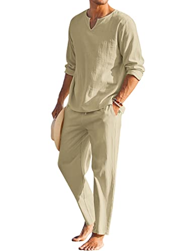 COOFANDY Men's 2 Pieces Cotton Linen Set Henley Shirt Long Sleeve and Casual Beach Pants Summer Yoga Outfits