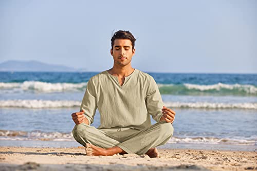 COOFANDY Men's 2 Pieces Cotton Linen Set Henley Shirt Long Sleeve and Casual Beach Pants Summer Yoga Outfits
