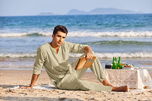 COOFANDY Men's 2 Pieces Cotton Linen Set Henley Shirt Long Sleeve and Casual Beach Pants Summer Yoga Outfits