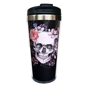 cuajh skull flower travel coffee mug, personalized coffee tumbler with wrap and lid, stainless lined for women men, 14 oz