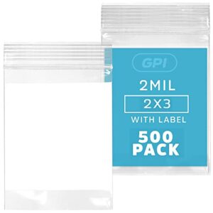 2mil small plastic bags 2 x 3 inches, 500 pack zip bags, write on white block, reclosable zipper small plastic storage baggies gpi brand, for daily vitamin, pill, jewelry, candy