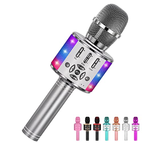 Amazmic Kids Karaoke Microphone Machine Toy Bluetooth Microphone Portable Wireless Karaoke Machine Handheld with LED Lights, Gift for Children Adults Birthday Party, Home KTV(Gray)