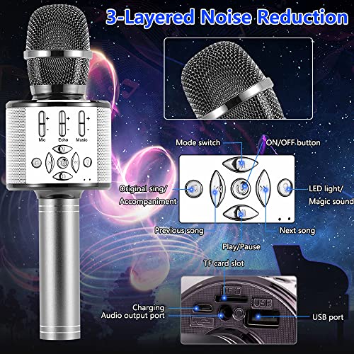 Amazmic Kids Karaoke Microphone Machine Toy Bluetooth Microphone Portable Wireless Karaoke Machine Handheld with LED Lights, Gift for Children Adults Birthday Party, Home KTV(Gray)