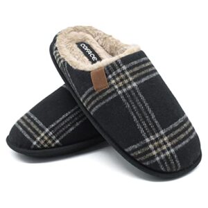 COFACE Mens Black Flano Plaid Cozy Memory Foam scuff Slippers Slip On Warm House Shoes Indoor/Outdoor With Best Arch Surpport Size 8